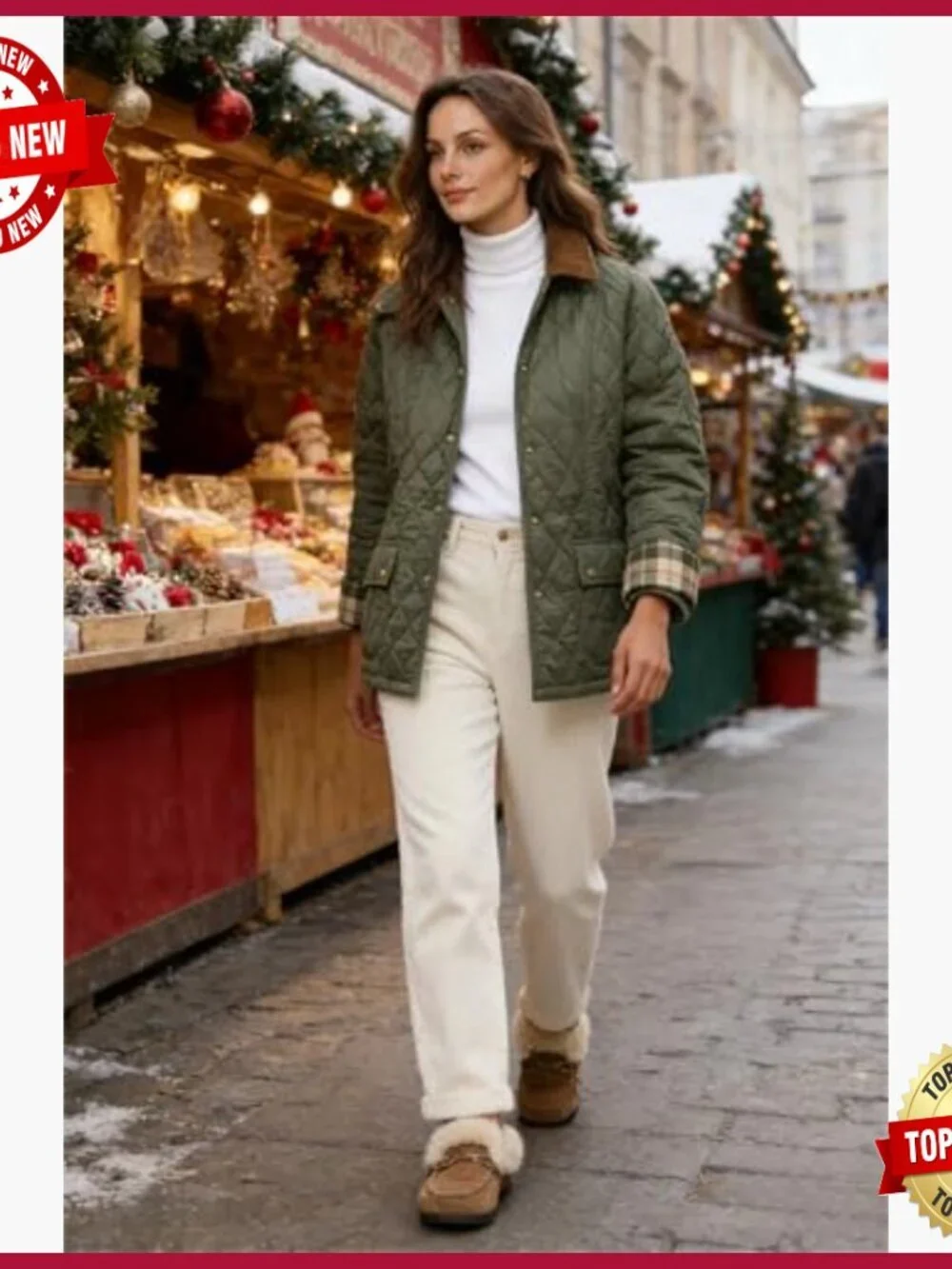 Women's Diamond Quilted Jacket with Corduroy Collar and Side Pockets - Picture 3 of 7